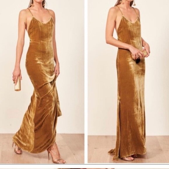 Reformation Dresses & Skirts - Reformation Rimini Velvet Gown Womens Size L Gold Silk Blend Full Length Dress